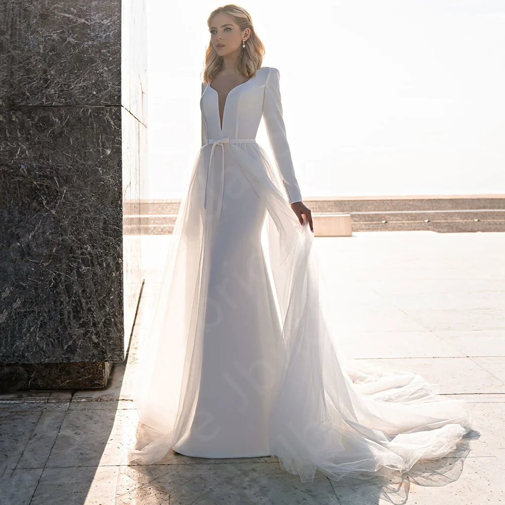 

New Arrival Holy White Wedding Dresses Mermaid Bridal Gowns Long Sleeves Bride Dress with Detachable Train Wedding Gown Back Out