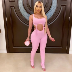 Pink Bodycon Jumpsuit Women Clothes Summer Overalls for Women Club Outfits Hollow Out Slim Lace Up Crop Top Sexy Bodysuit Romper