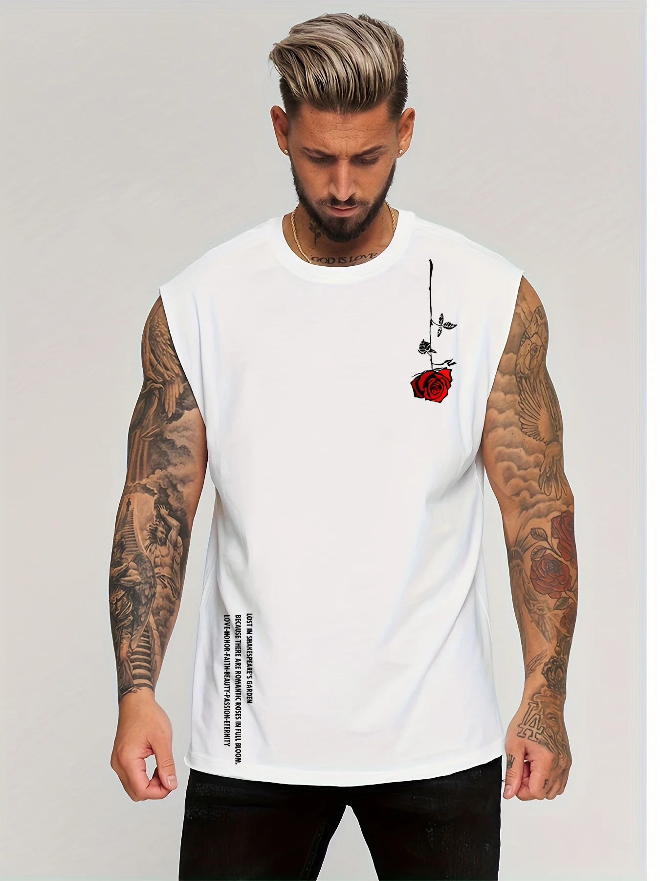 

Men's Summer Leisure Sports Fitness Loose Rose Pattern Printed Comfortable and Breathable Round Neck Sleeveless Tank Top