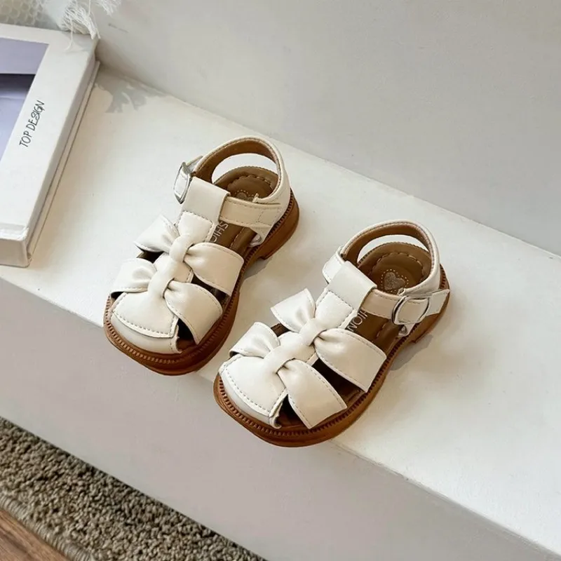 

Fashion girl minimalist slip-on anti-slip sandals - 2026 summer new style girl's princess shoes, with bow design beach shoes