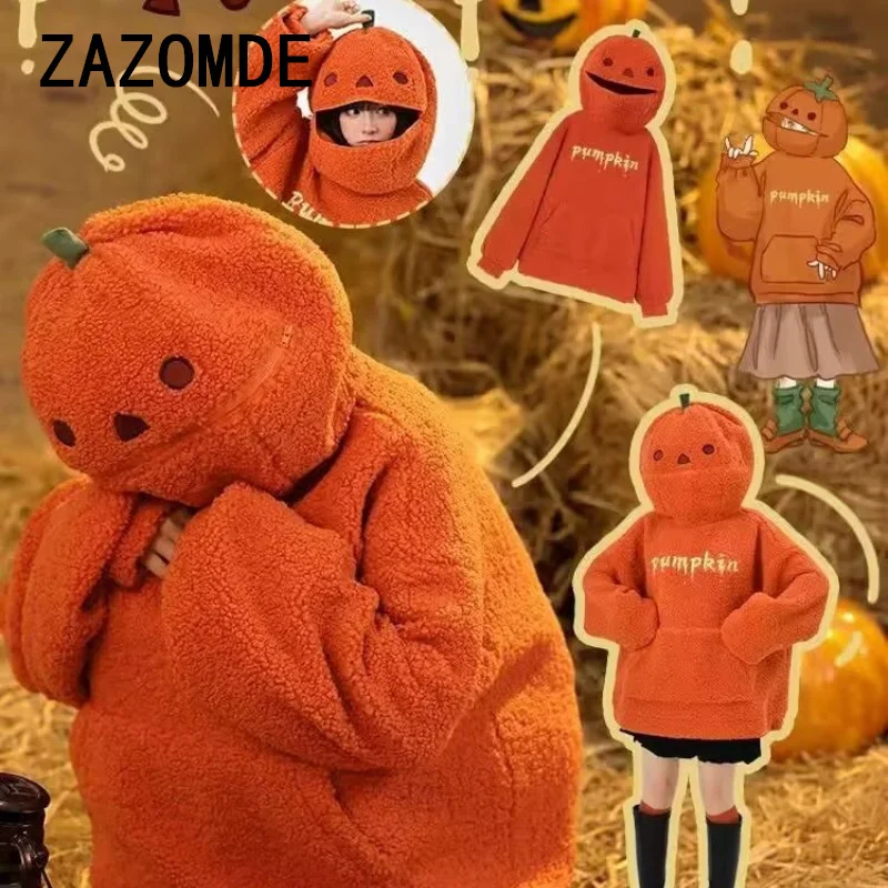 ZAZOMDE Plush Pumpkin Hoodies Man Women Toy Funny Halloween Berber Fleece Jacket Oversized Cutecore Christmas Winter Clothes