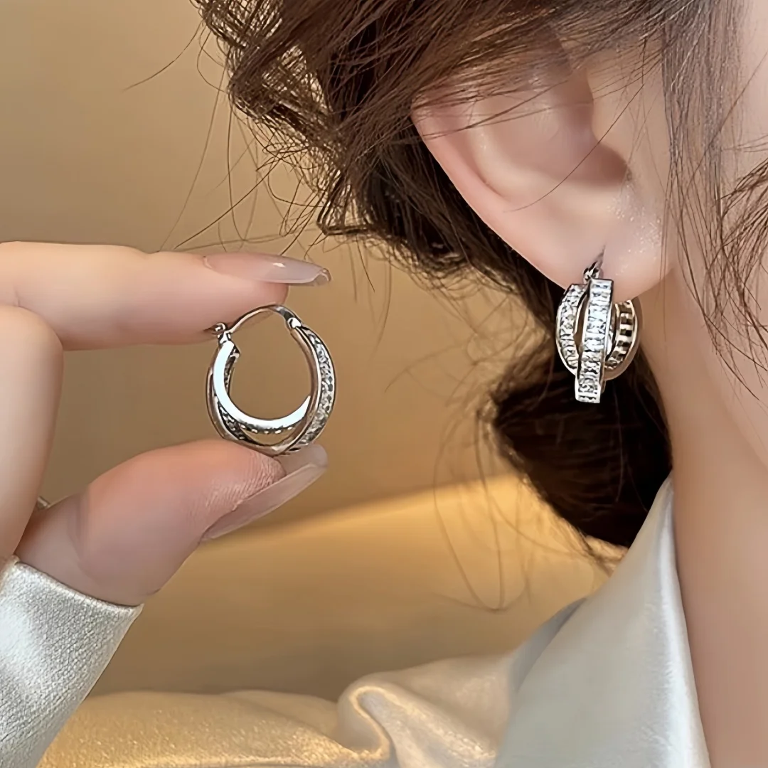 925 Sterling Silver Light‑Luxury Fashion Diamond‑Inlaid Double‑Loop Ear Cuffs for Women, Elegant and Versatile for Banquets