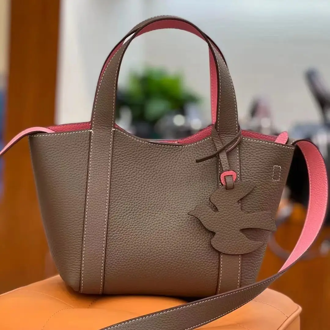 

Luxury Double-sided Vegetable Basket Bag Fashion Lychee Pattern Genuine Leather Handbags For Women Large Capacity Bucket Bag