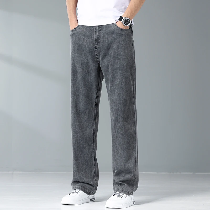 Summer Ice Silk Thin Light Gray Jeans for Men Loose Wide Leg Plus Size Casual Trousers High Quality Stretch Soft Fabric Pants