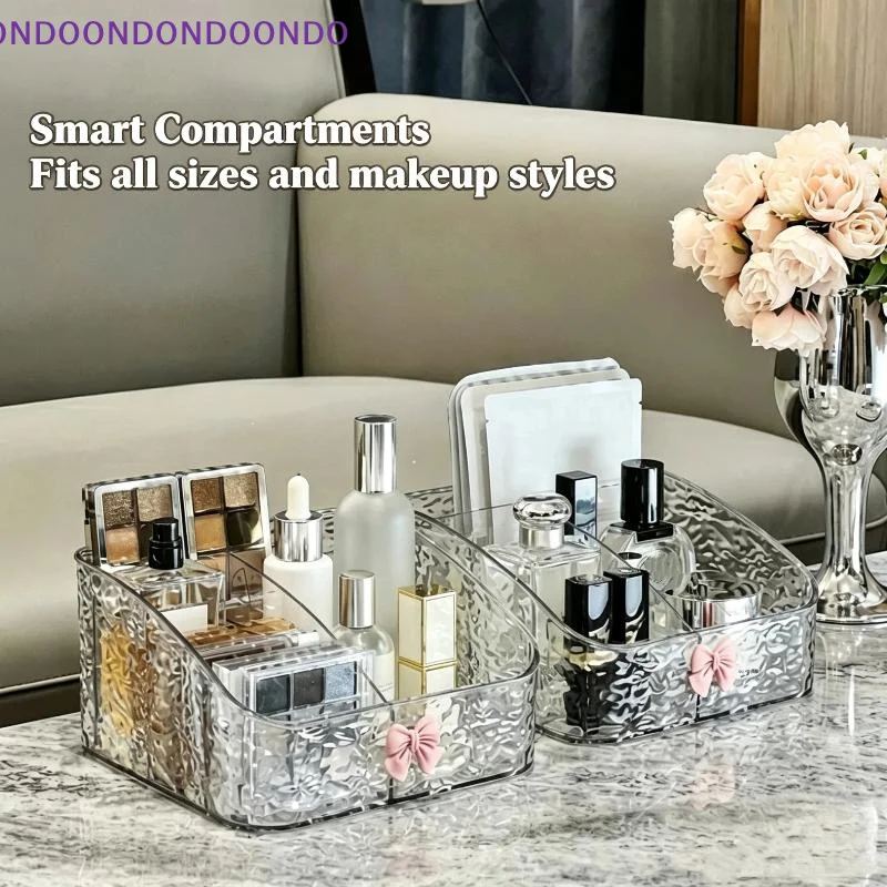 Clear Glacier Ripple Makeup Organizer Divided Compartments Pink Bow Decor Easy to Clean for Bathroom Vanity Storage