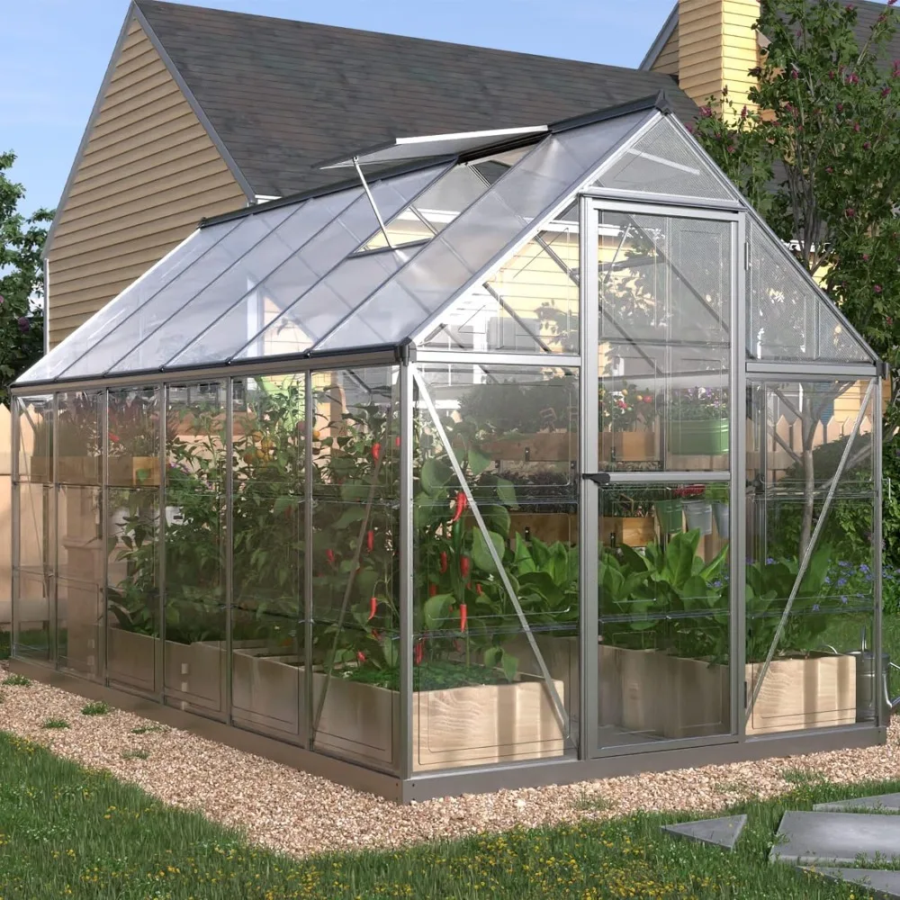 6x12 FT Greenhouse,Hybrid Polycarbonate,3 Vent Window with Lockable Hinged Door Aluminum Hot House,Walk-in Greenhouse