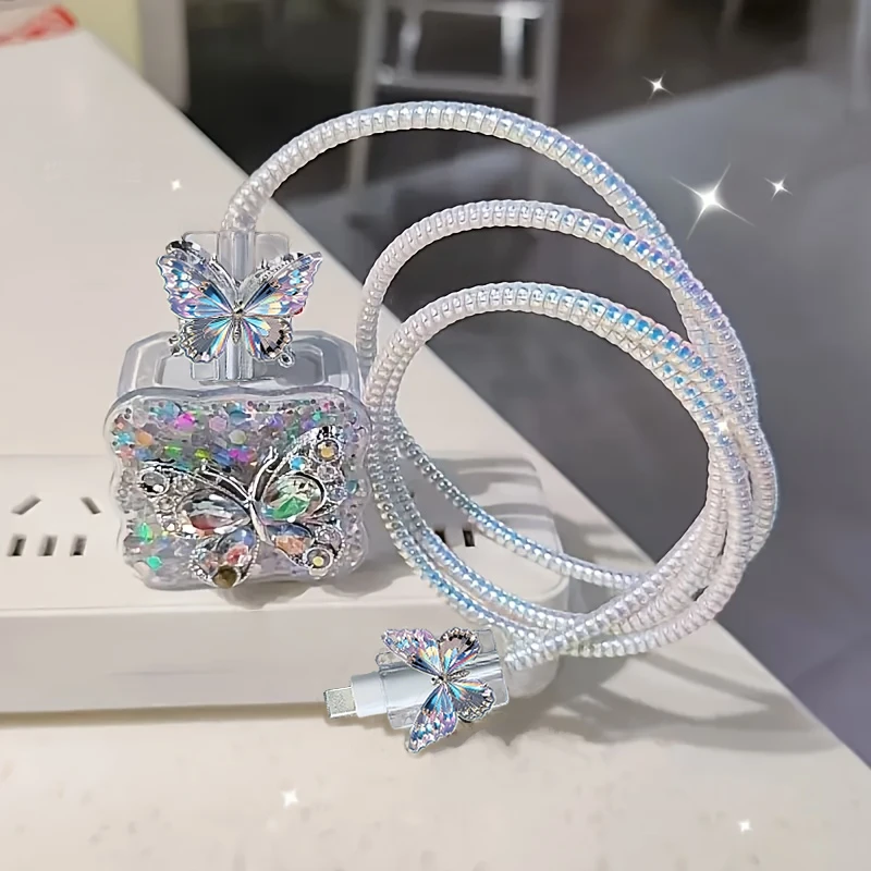 Cute Crystal Butterfly Change Charger Protector Cover Charger Line Protectors Organizer Winder Protector Cover Accessories