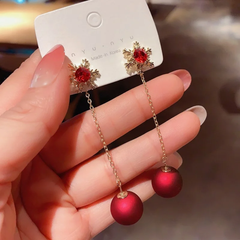 لامعة الأحمر كريستال عيد الميلاد مطلية بالذهب ندفة الثلج الزركون شرابة أقراط للنساء استرخى هوك عيد الميلاد السنة الجديدة مجوهرات الحفلات