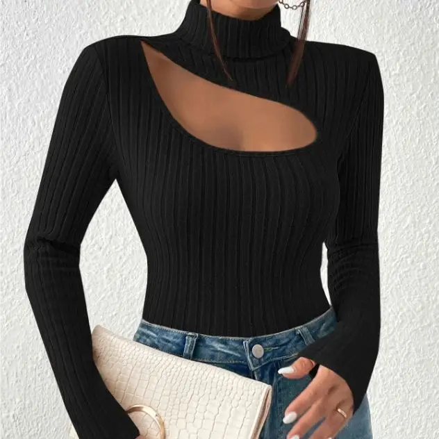 

Women's High Collar Long Sve Hollow out Base irt Autumn Faion Slim Fit Overhead T-irt Polyester Fiber European Sle