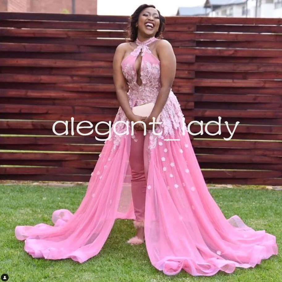 Pink Floral Jumpsuit Prom Formal Dresses with Overskirt Halter Sexy Applique Aso Ebi Evening Gown Pant Suit Customsized