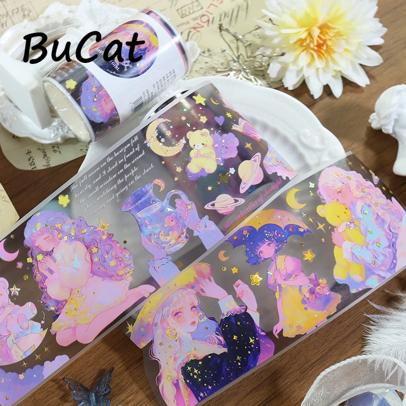 2m Iridescent Golden Colorful Starry PET Tape Star Moon Girl Transparent Roll Stickers Decorative Tape For Scrapbooking Journal