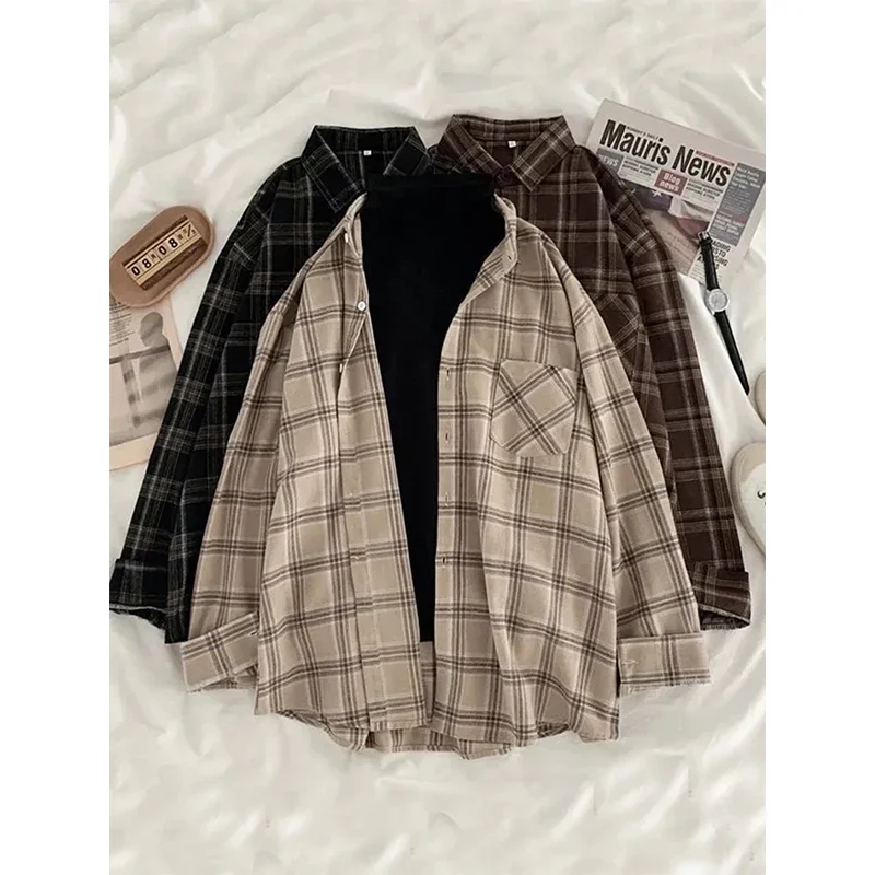 

New Vintage Oversized Plaid Shirts Women Streetwear Long Sleeve Blouses Harajuku Korean Pocket Loose Casual All Match Tops New