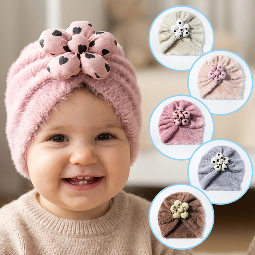 

MILANCEL New Winter Baby Fetal Cap 0-12M Sweet Flower Infant Girls Hooded Hat 5 Colors Toddler Dots Fleece Warm Hat