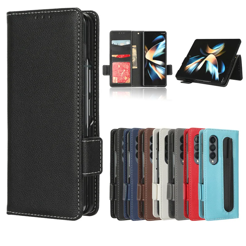 10pcs/Lot Wallet Lychee Leather Case With Pen Slot For Samsung Galaxy Z Fold 4 3