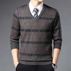 Autumn Winter New Thickened Men's V-neck Sweater Print Stripes Fashion Casual Loose Pullover Patchwork Long Sleeved Knitted Top