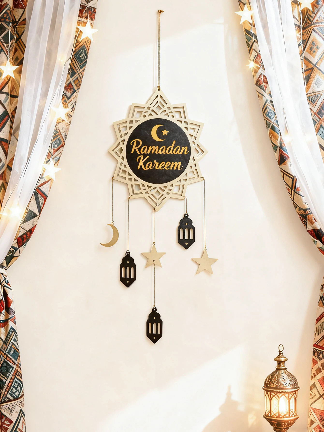 Ramadan Kareem Islamic Wind Chime Wall Decor Moon Star Lantern Hanging Ornament Pendant for Muslim Home Party Holiday Decor Gift