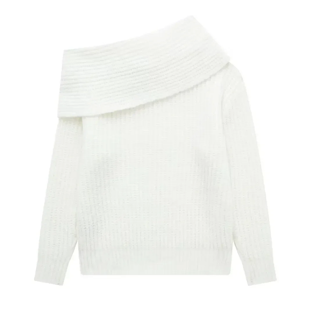 Women Fashion White Pleated Pullover Sweater 2024 Vintage Female Slash Neck Off Shoulders Long Sleeve Sweater Knitted Tops