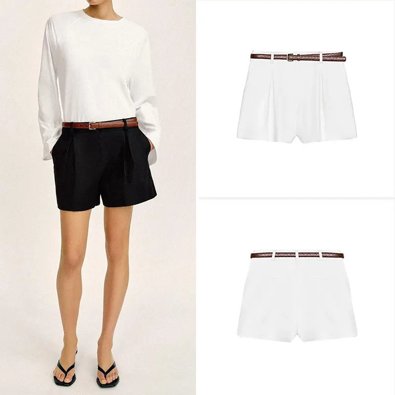 

Casual High Waist Pleated Belted Straight Leg Short Pants Women's Summer Fashion 2026 New Arrival ZADATA Brand Short Shorts