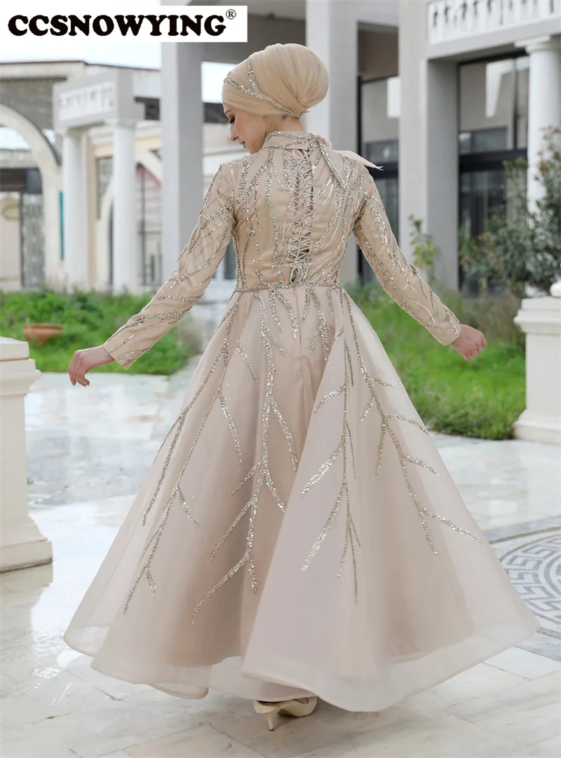 Full Sleeve Muslim Evening Dresses Organza High Neck Islamic Formal Party Gown Women Arabic Kaftan Appliques Robe De Soiree