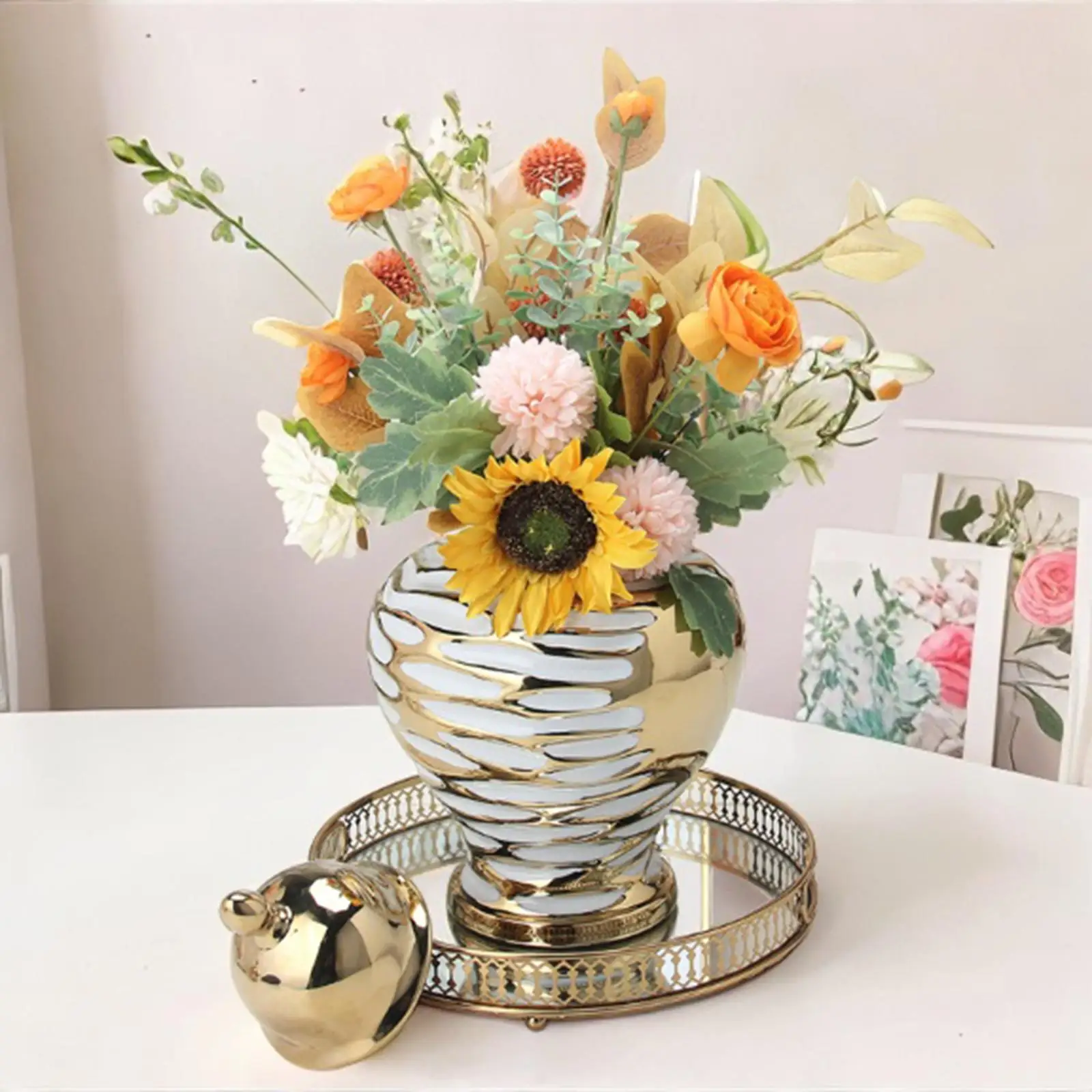 Porcelain Ginger Jar Ceramic Flower Vase Collection Floral Traditional Gold