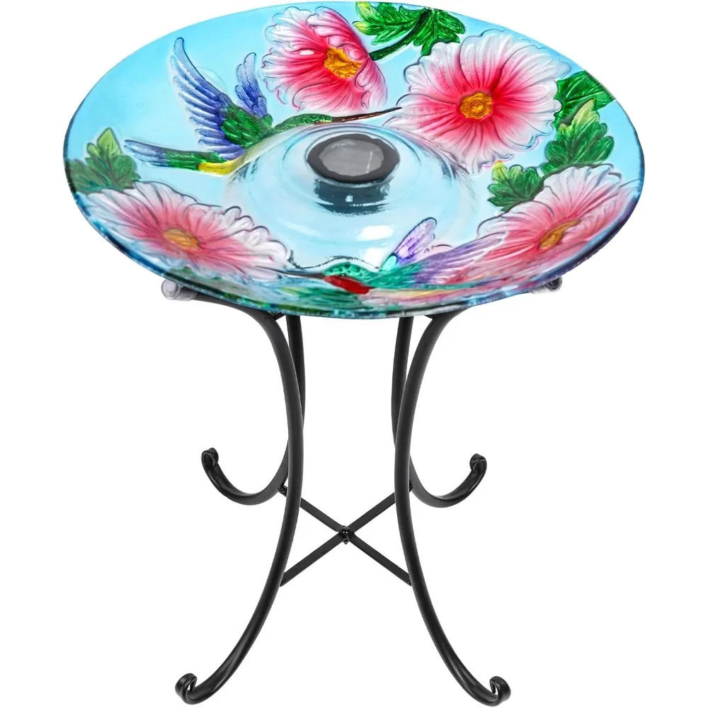 

Solar Powered Glass Bird Bath with LED Lights for Outdoor Garden Decor, Attracts Hummingbirds