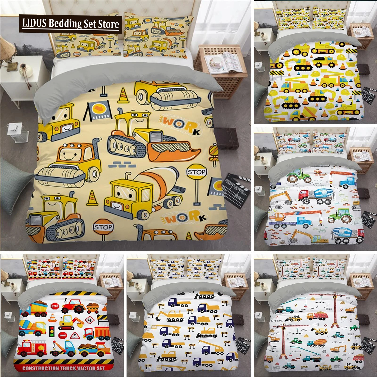 

Simple Cartoon Car Bedding Set Excavator Duvet Cover Bedroom Comforter Single Twin King ​Size Quilt Cover Home Textile 2/3PCS