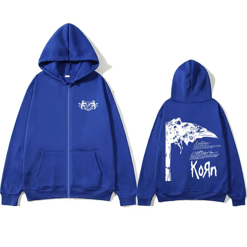 Rock Band Korn grafis ritsleting Hoodie pria 90s alternatif logam musik Zip Up jaket pria Vintage ukuran besar bulu Zip Up Hoodies