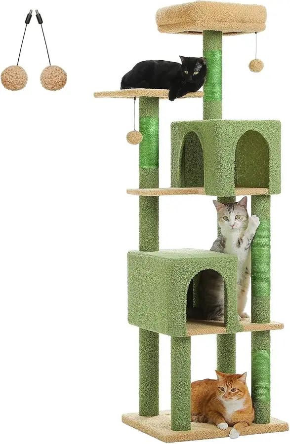 

62" Cactus Cat Tree for Indoor Cats, Multi-Level Cat Tower with 2 Spacious Condos, Dual Top Perches, Scratching Pad, 4 Scratchin
