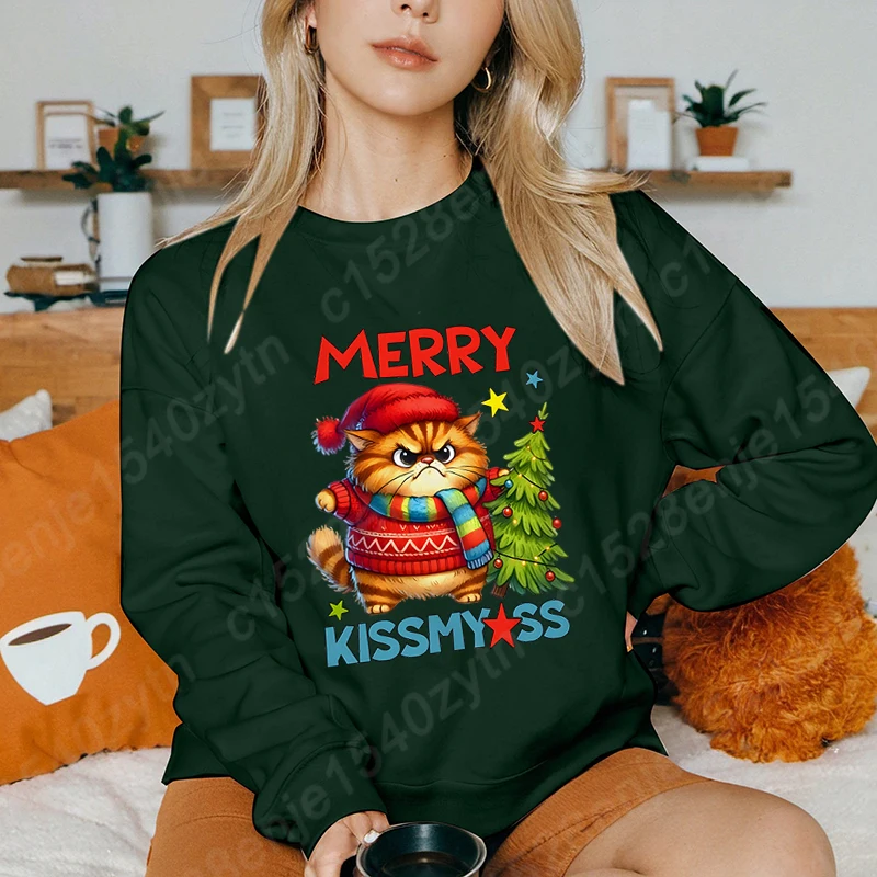 

Christmas Tree Cat Merry Kissmyss Print Hoodless Pullover Women New Fashion Loose Pullover Round Neck Solid Color Sweatshirt Top