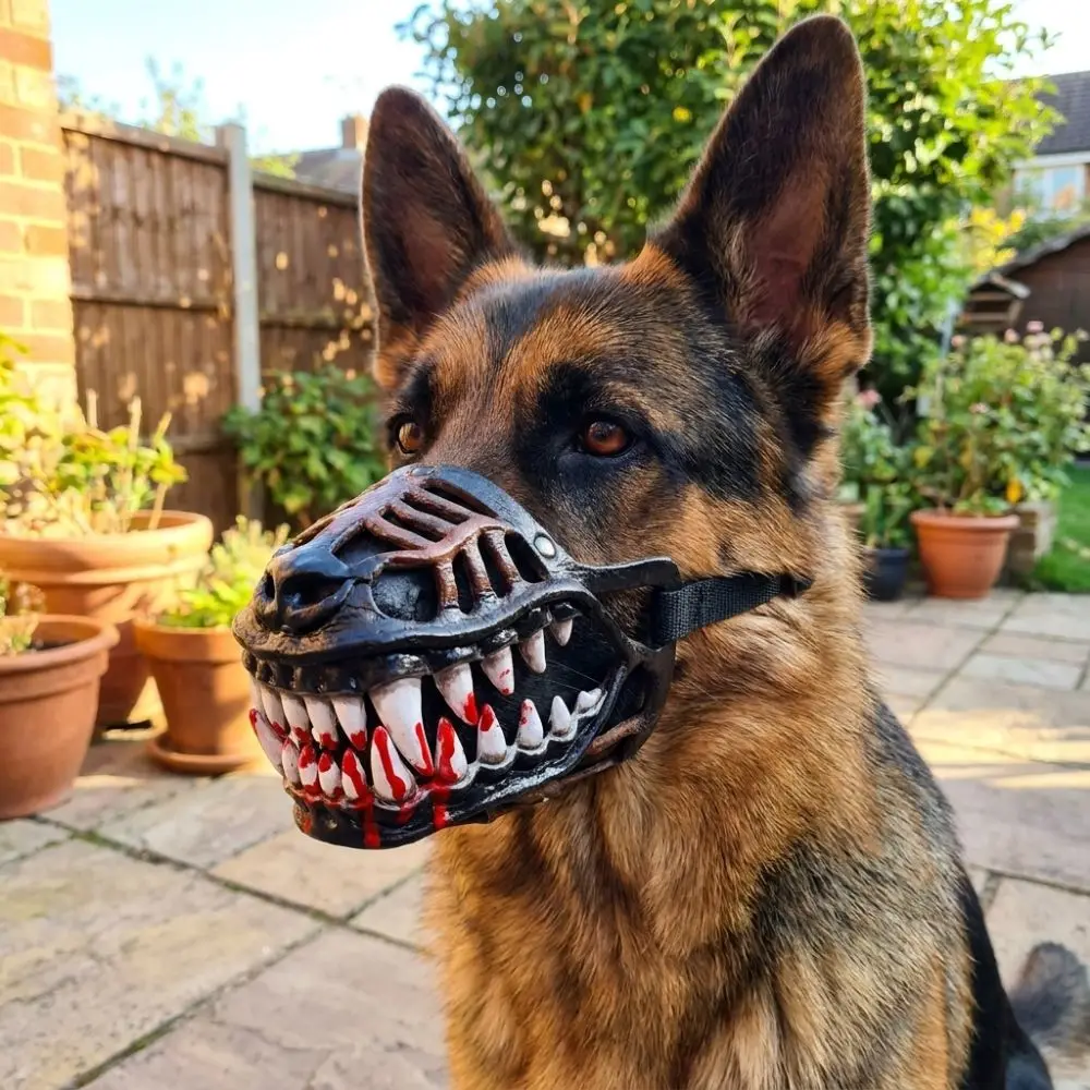 Vintage Halloween-Hundemasken mit beweglichen Zähnen, verstellbaren Riemen, Latex-Halbgesichtsmaske für Hunde, reißfest, realistische Zähne – Detail 11