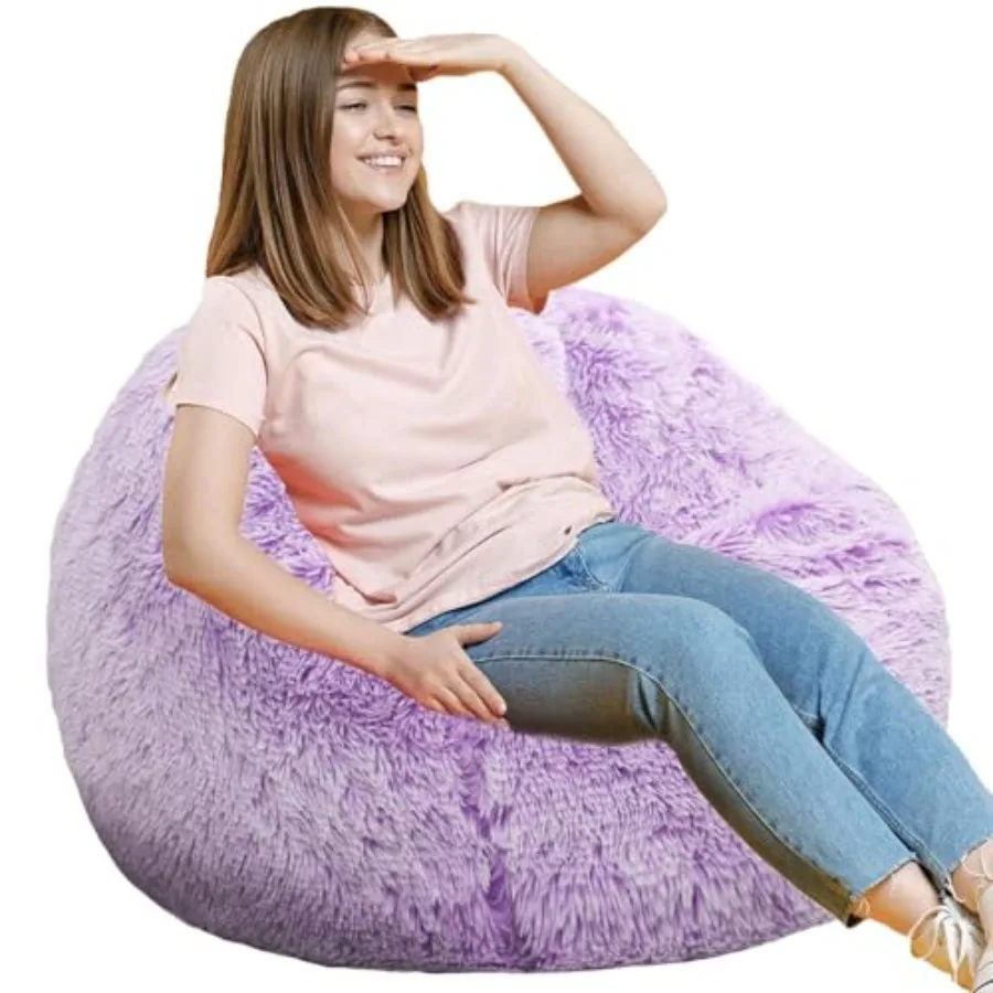 

Fluffy Bean Bag Chair 3Feet Round Memory Foam Filled Bean Bag for Teens and Ultra Soft Faux Fur Fabric Bean Bag Chairs for Play