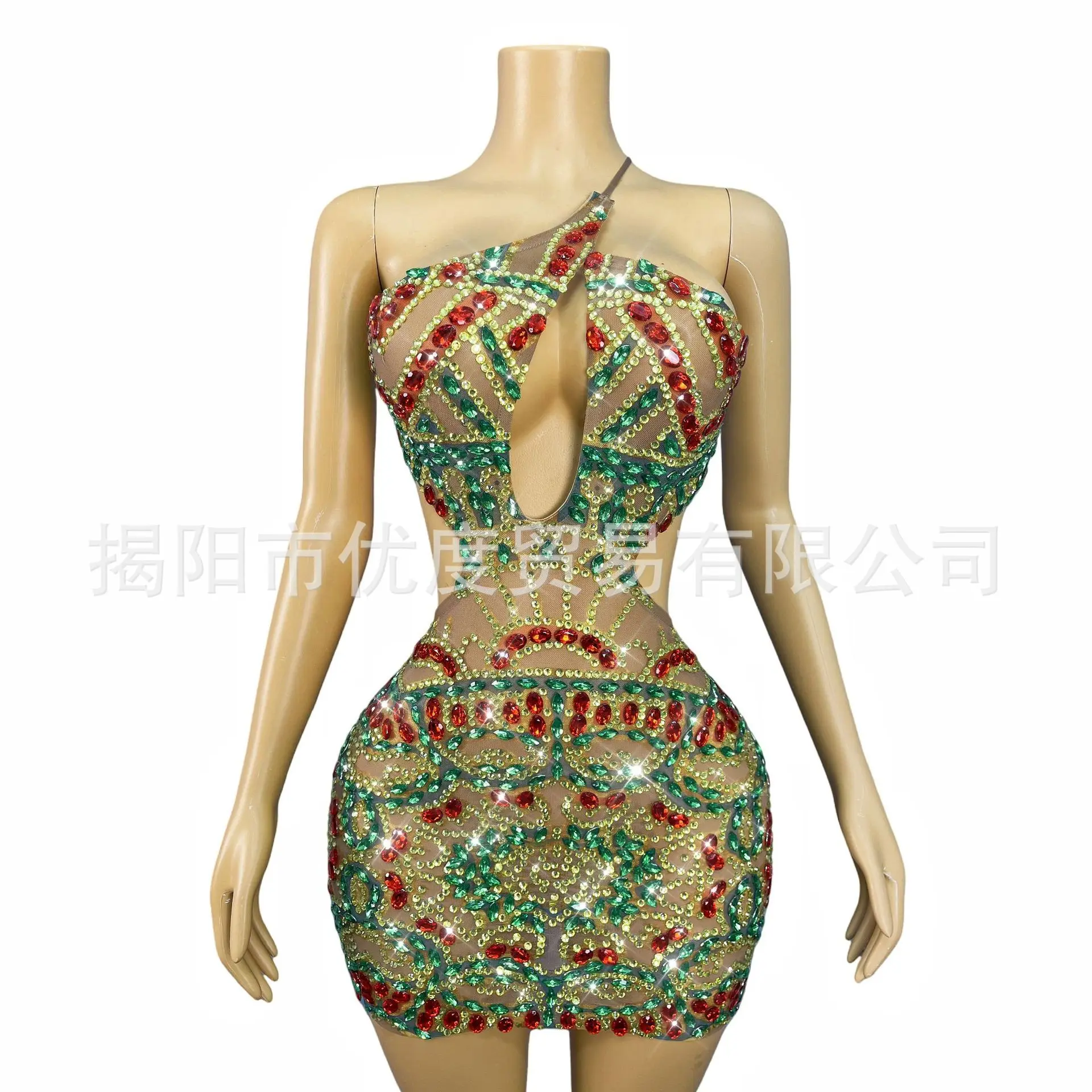 المرأة Halterneck مفتوح الظهر حفلة عيد ميلاد ملون بريق حجر الراين بقماش شفاف فستان قصير تنورة مصر Vestito Con Cristalli #2