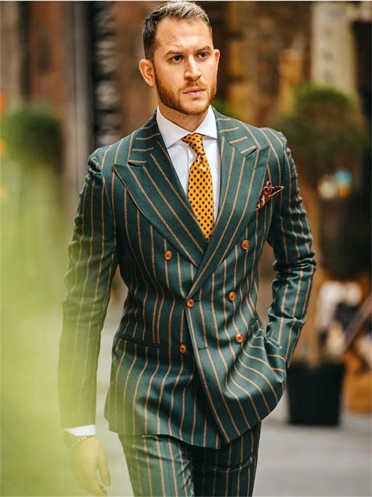 2 Piece Green Orange Striped Fashion Men Suits Slim Fit Double Breasted Classic Fit For Wedding Groom Blazer And Pants Outfits