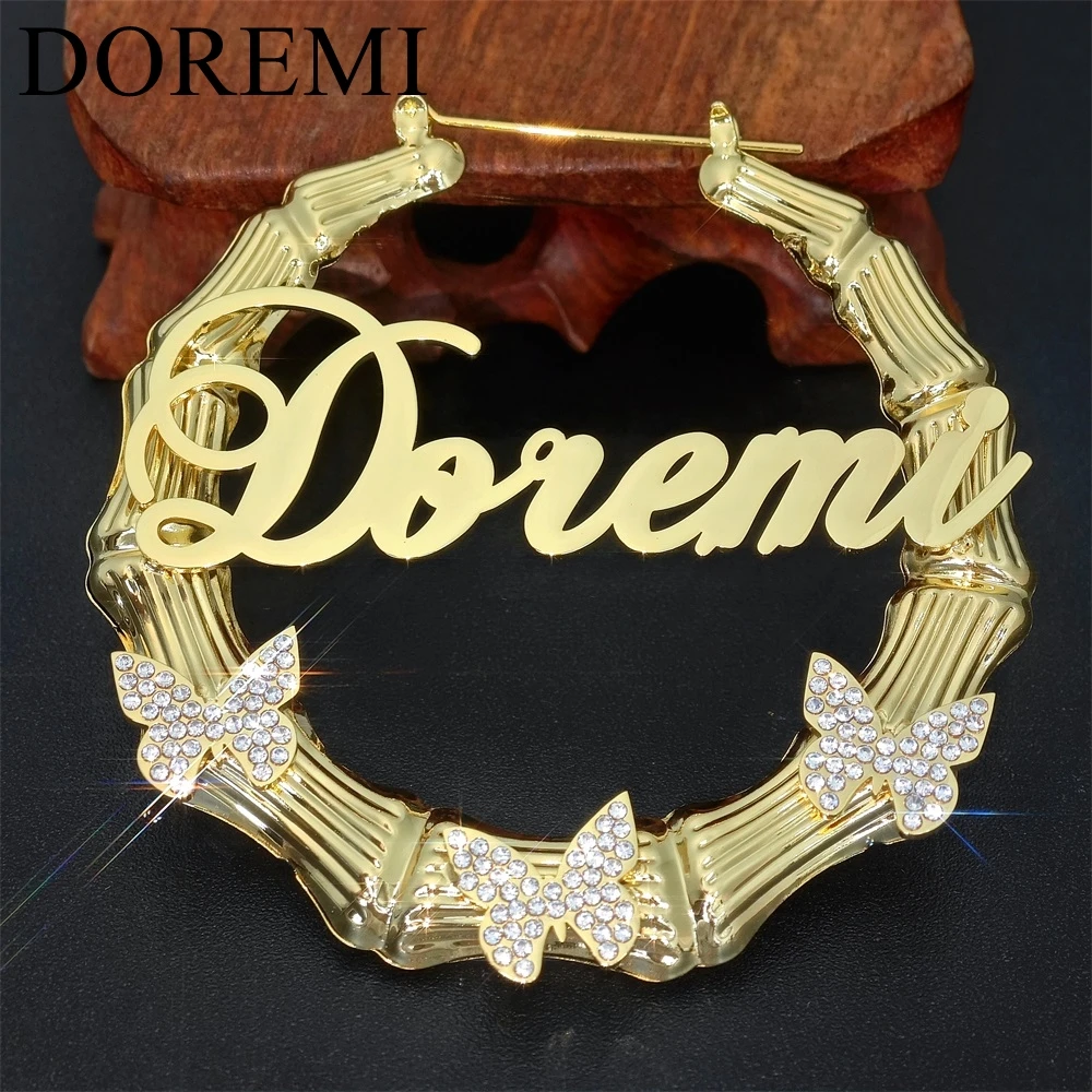 DOREMI Crystal Zircon Butterfly  Charms Name Hoop Bamboo Earrings Stainless Steel Tarnish Free Name Custom Earring Gift Jewelry