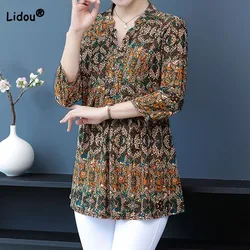 Casual Vintage 3/4 Sleeve Printed T-shirt Women's Clothing Summer Female Korean Diamonds Spliced Fashion V-Neck Pullovers Tops