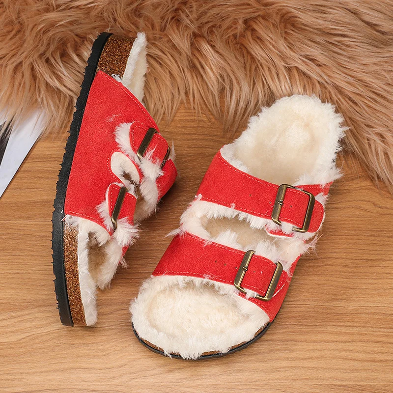 2026 Winter Couple Leather Fluffy Women's Slippers With Adjustable Double Buckle Men Cork Slides Cozy Warm Sandals Arch Support
