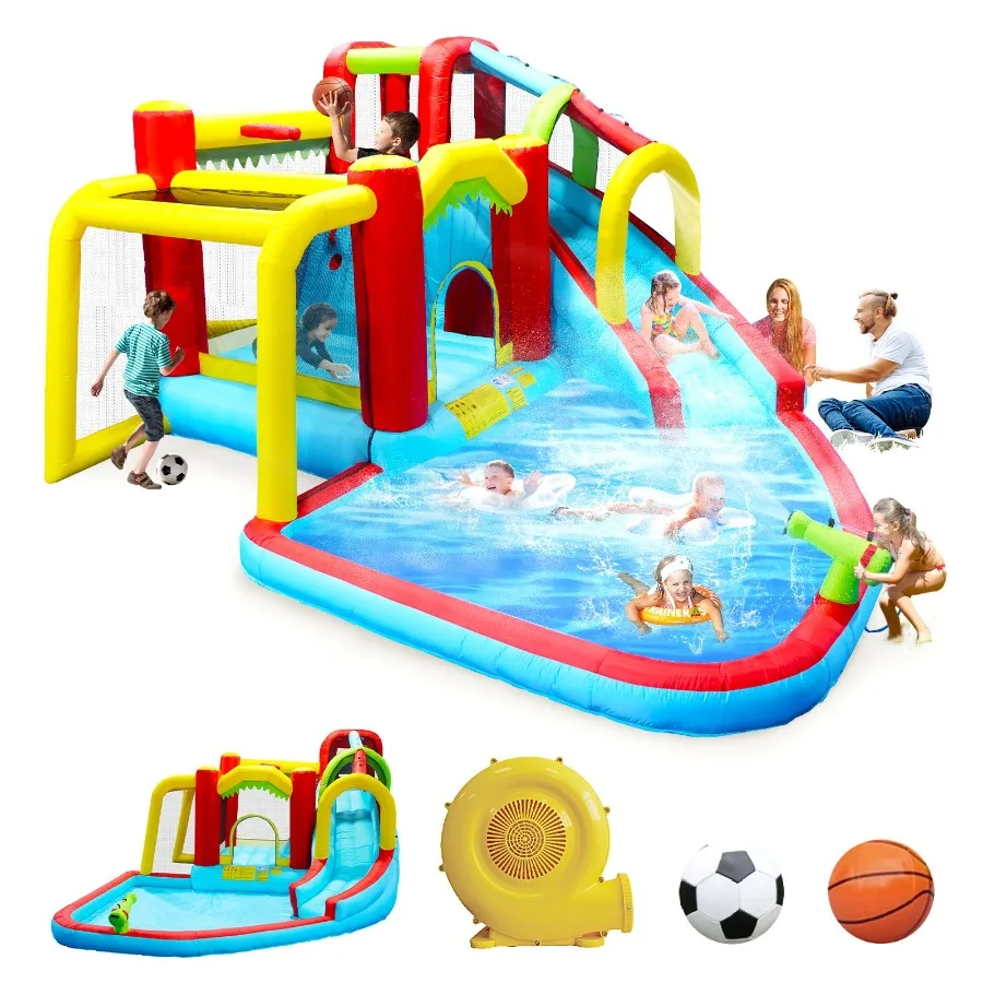 Parque aquático inflável 7 em 1, casa saltando, jardim de futebol ao ar livre, bouncer com respingo, piscina, pistola de água, parede de escalada, basketb