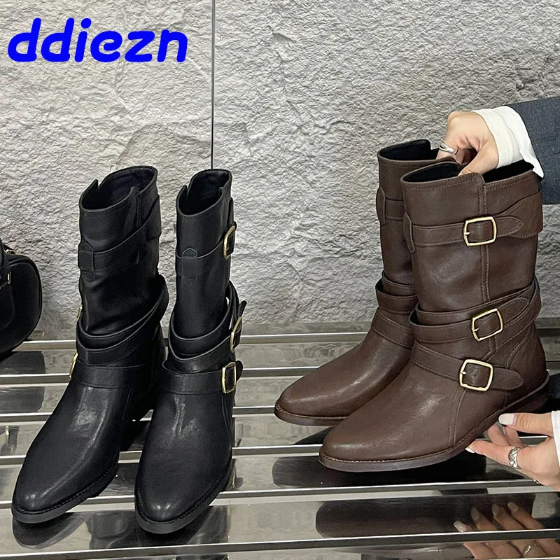 Female Designer Metal Buckle Ladies Short Boots Shoes Autumn Winter Fashion Pointed Toe Footwear Modern Women Ankle Boots