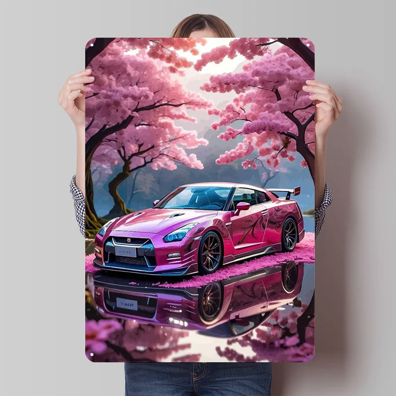 

Pink Nissan GT-R in Cherry Blossoms Classic Car Metal Poster Retro Custom Metal Tin Signs for Garage Wall Art Decoration Decor