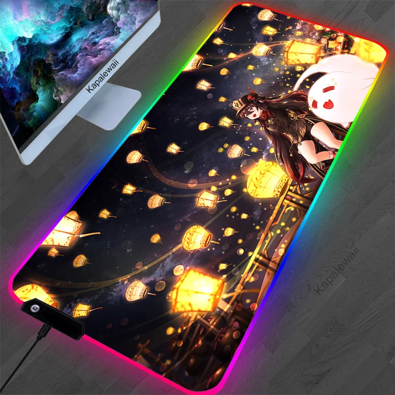 Anime Genshin Impact Gaming Rgb Grote Vergrendeld Mousepad Computer Muismat Led Backlight Otaku Oppervlak Mause Toetsenbord Bureau Mat Led