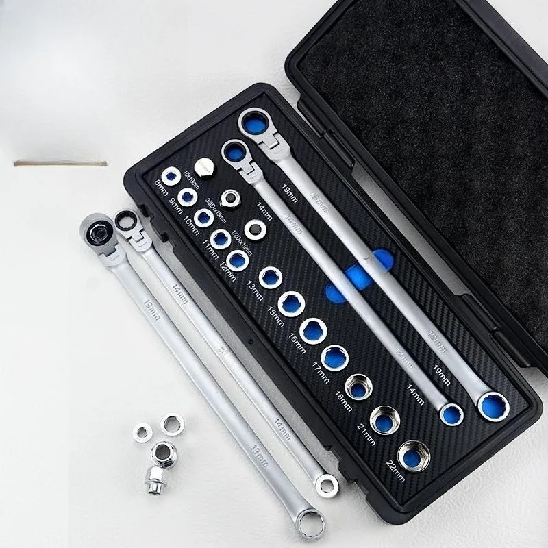 Flexible Head Ratchet Socket Wrench Combo Set, Extended Dual Box Open End Spanner, Hand Tool for Auto & Mechanical Repair