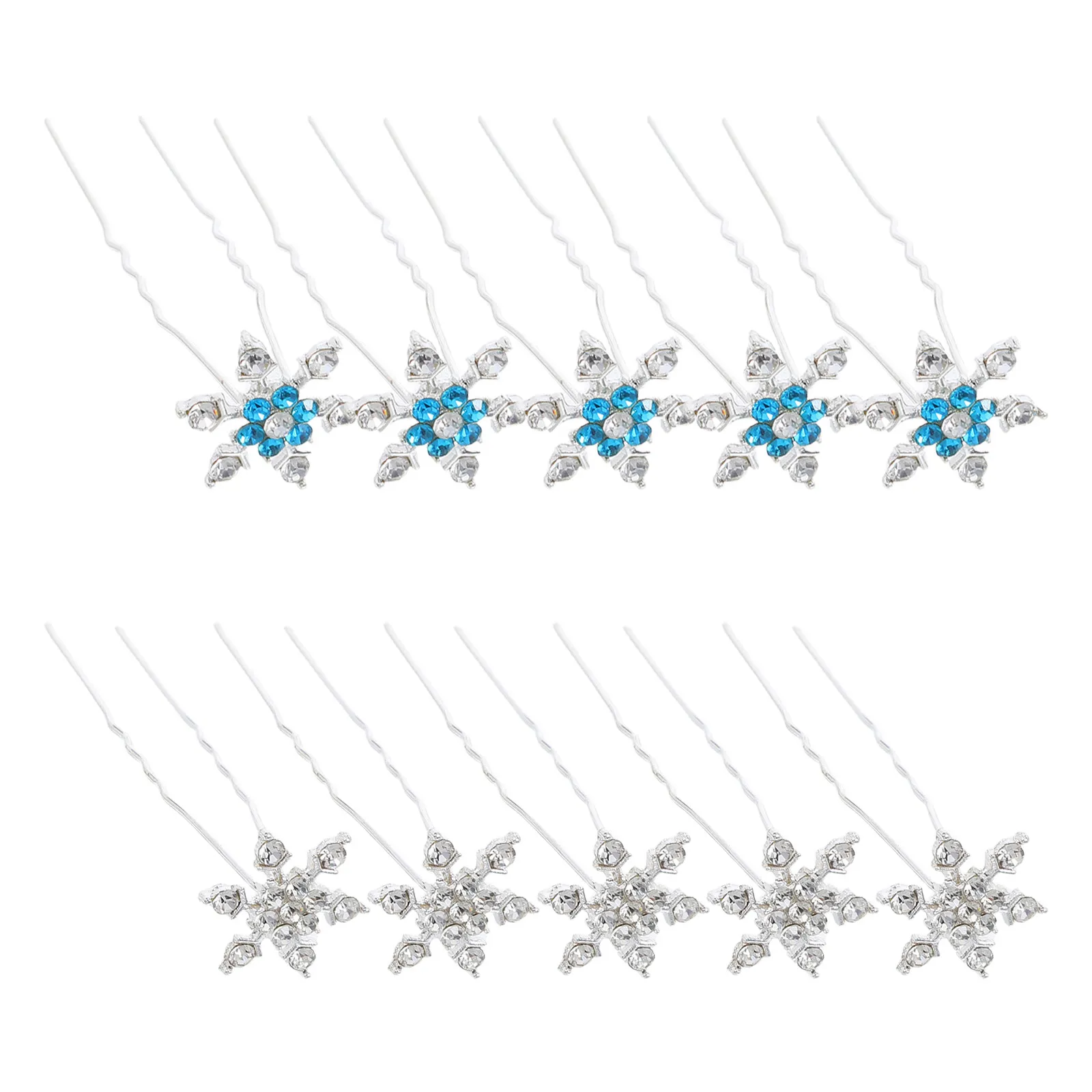 10Pcs Sparkly Snowflake Alloy Rhinestone Bridal U-Shaped Hair Clips Wedding Headpiece Barrettes for Women