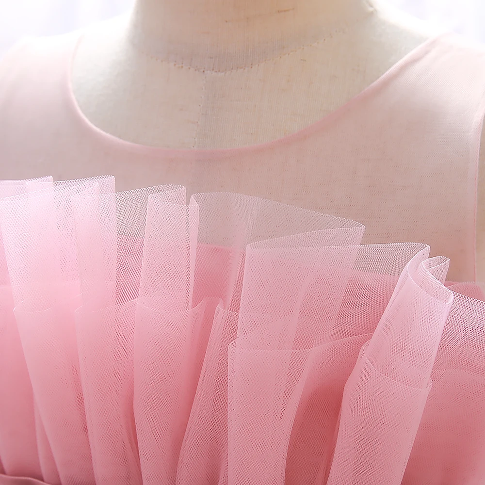 Elegant Ruffles Wedding Party Baby Girls Dress Tulle Pink Bow Bridemaid Princess Birthday Kids Dresses For Girl Evening Costumes