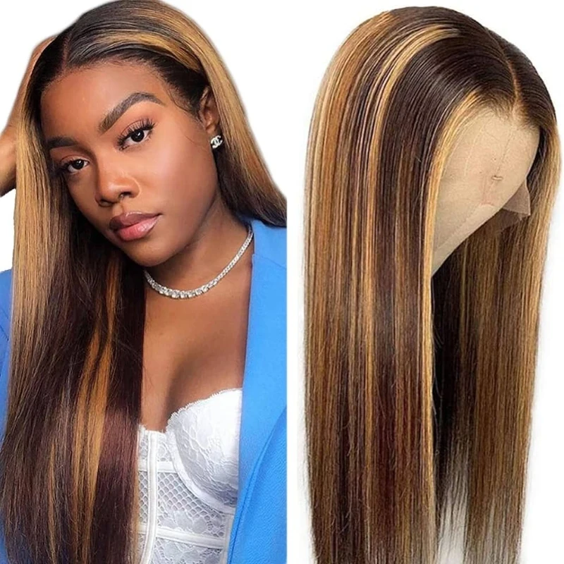 Highlight 13x4 HD Transparent Straight Lace Front Wigs Human Hair Pre Plucked 180% Density 24 Inch Lace Front Wig Human Hair 