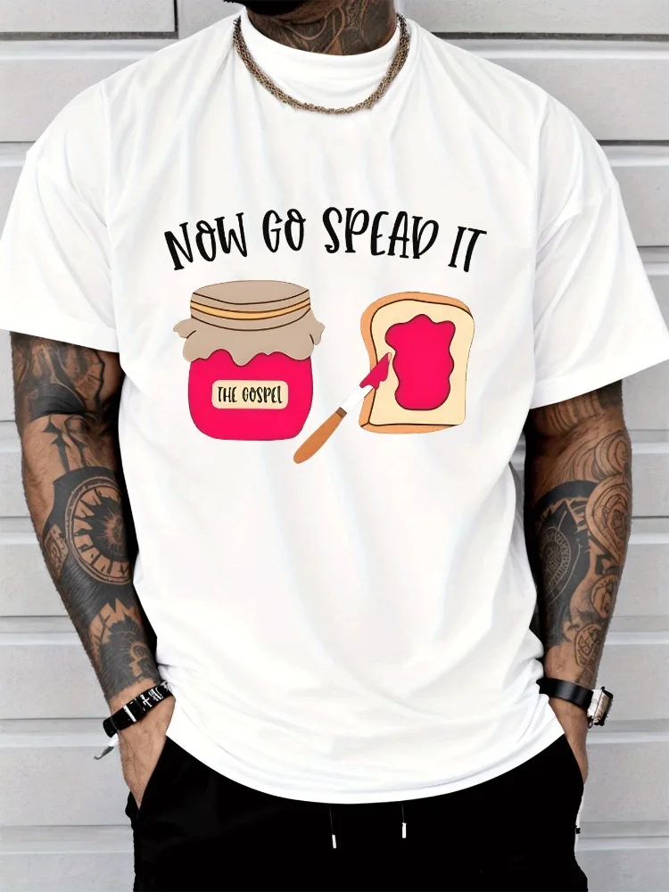 Men Summer Black Short Sleeve Tee Now Go Spread It Gospel Jam Toast Print Casual Oversized Streetwear Loose Male Daily Top