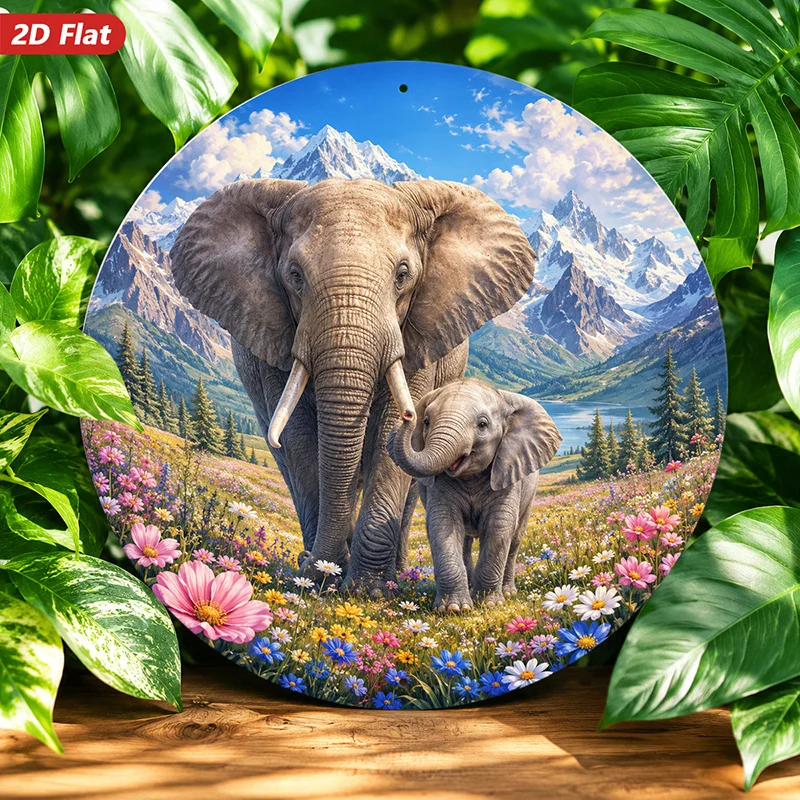 2D Flat, 1pc Elephant Mountain Serenity Round Metal Sign Wall Art, Majestic Elephant Pair, Alpine Wildflower Meadow, Home Decor,