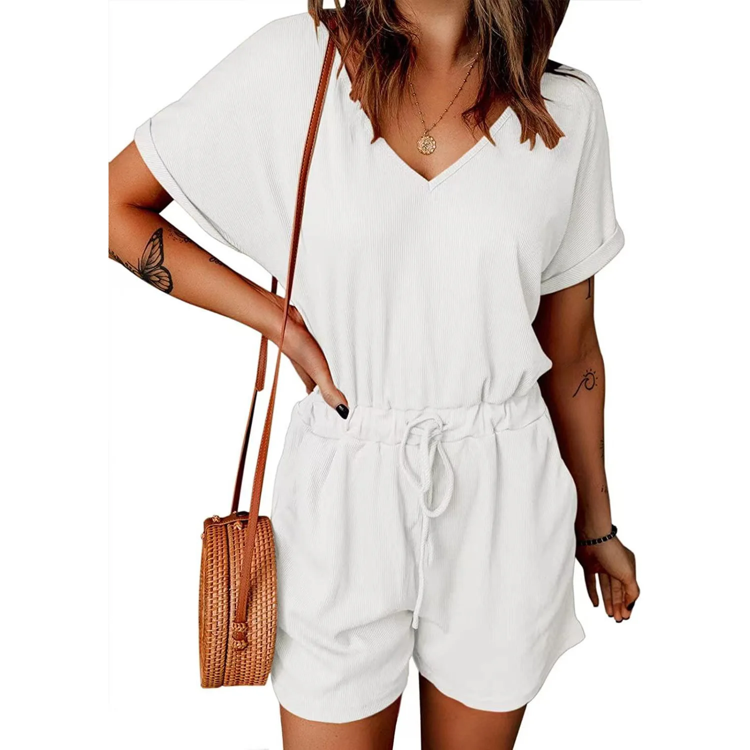 

2024 Summer Bat Sleeve V Neck Jumpsuit Shorts Female Mid-waist Lace-up Loose Rompers Women's Daily Commuter Comfortable Bodysuit