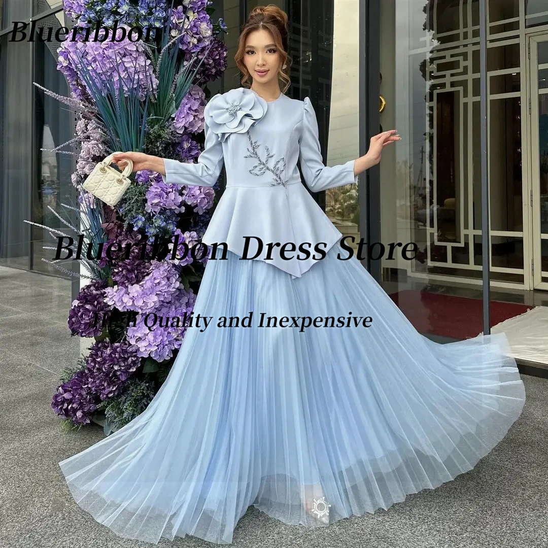 Blueribbon Elegant Women Evening Dresses with Flower Beading Saudi Party Prom Dress Long Sleeves A Line Tulle Vestidos De Noches