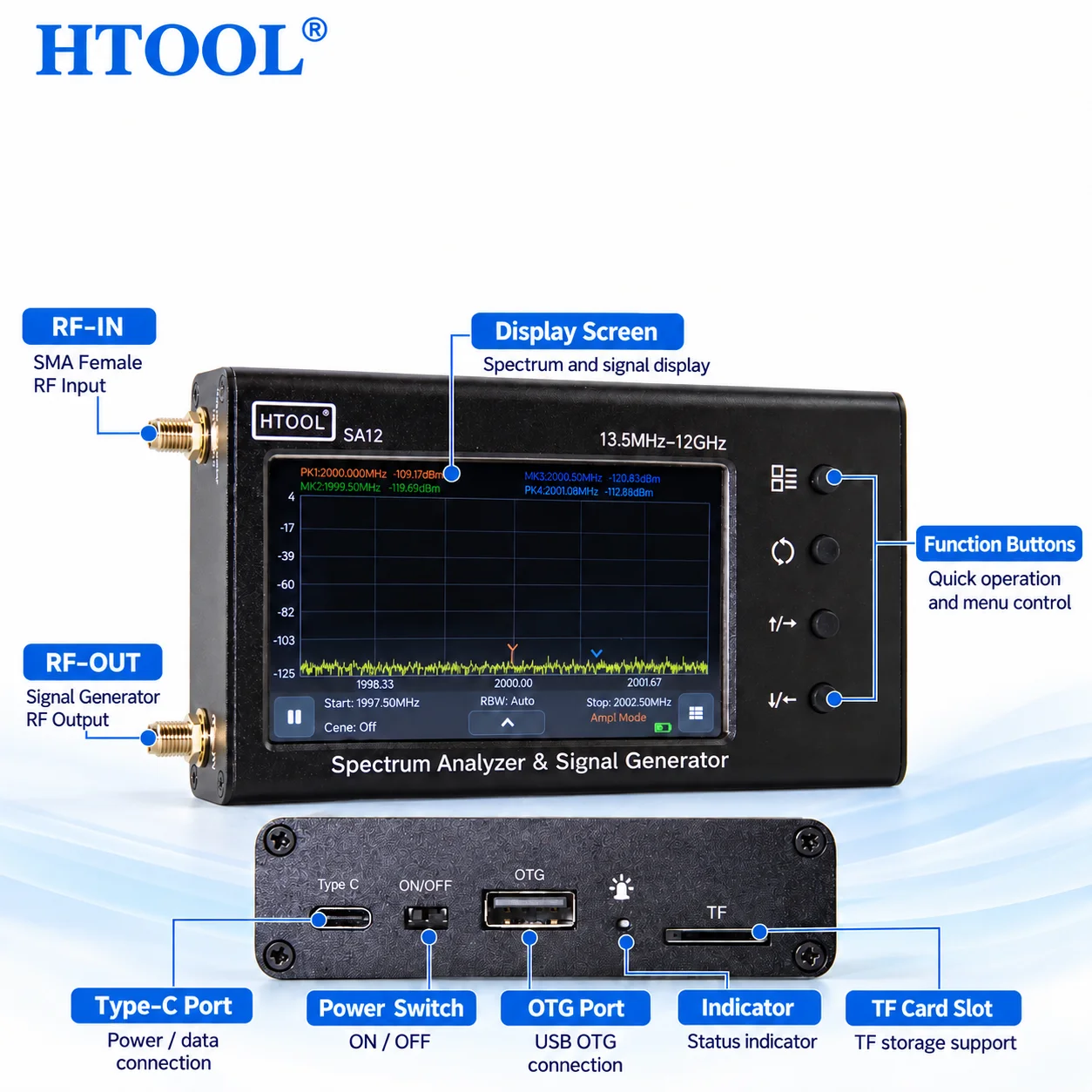 HTOOL SA12 Spectrum Analyzer with HT8 Log Periodic Antenna 13.5MHz-12GHz RF Signal Detection Test Kit