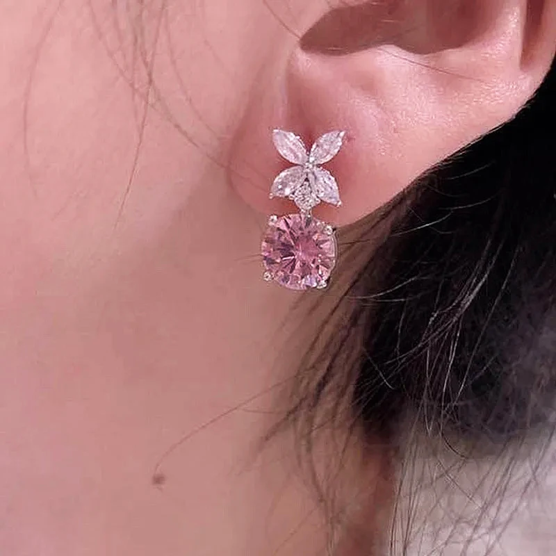 Huitan Exquisite Flower Dangle Earrings Pink Cubic Zirconia for Women Silver Color Temperament Sweet Accessories Fashion Jewelry